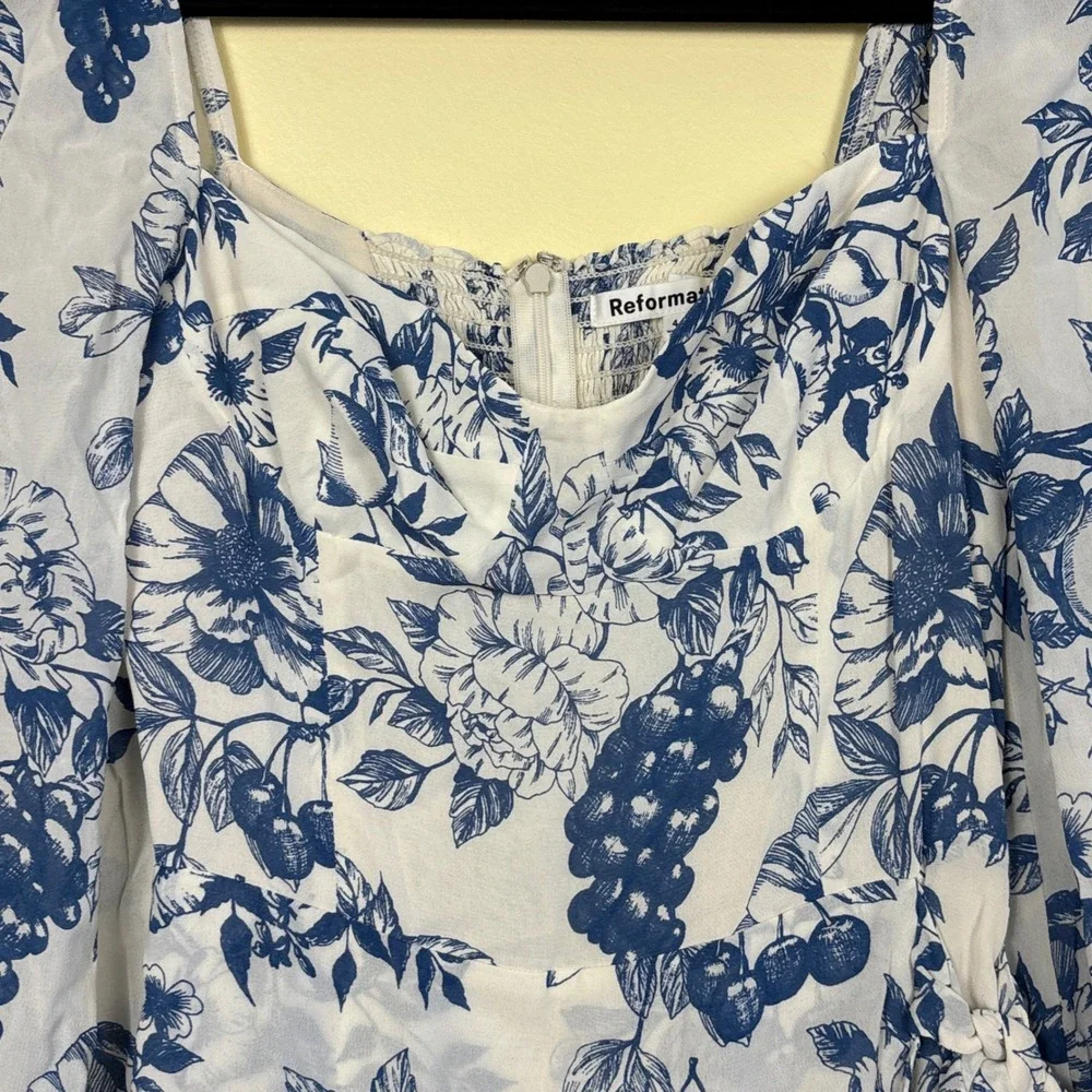 REFORMATION Cammi Mini Dress Corsica Blue Women Size 4 Floral Long Sleeve Garden - Picture 4 of 12